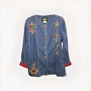 Bob Mackie Wearable Art Hearts Flowers Embroidery Blue Denim Cotton Jacket Small